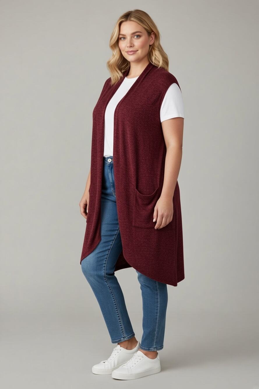 A. GAIN Angora Sweater Duster Lagenlook Sweater Vest Burgundy Patch Pockets XL